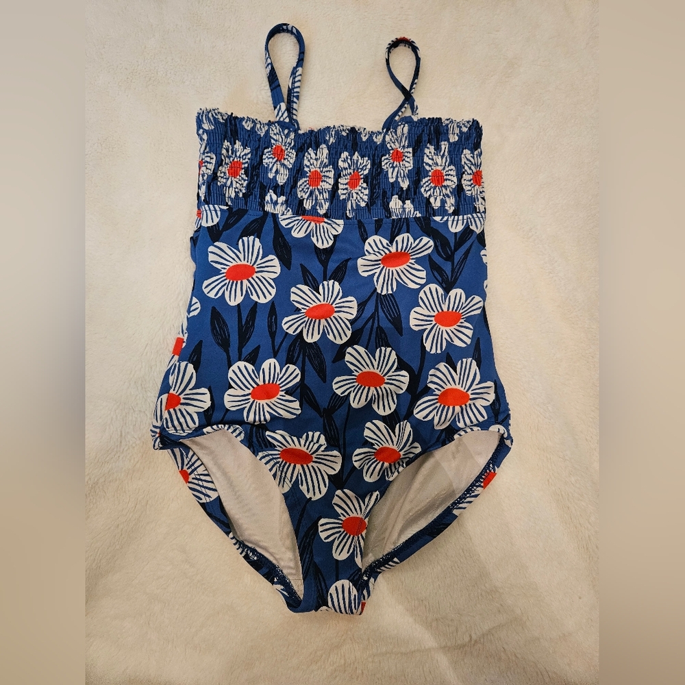 Hanna Andersson Blue Floral One-Piece Swimsuit with White & Orange Flowers
